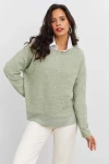 Boncuk İşlemeli Bisiklet Yaka Uzun Kollu Yumuşak Dokulu Örme Sweatshirt IZ6505