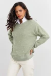 Boncuk İşlemeli Bisiklet Yaka Uzun Kollu Yumuşak Dokulu Örme Sweatshirt IZ6505