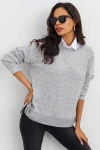 Boncuk İşlemeli Bisiklet Yaka Uzun Kollu Yumuşak Dokulu Örme Sweatshirt IZ6505