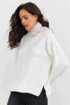 Boncuk İşlemeli Bisiklet Yaka Uzun Kollu Yumuşak Dokulu Örme Sweatshirt IZ6505