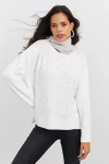 Boncuk İşlemeli Bisiklet Yaka Uzun Kollu Yumuşak Dokulu Örme Sweatshirt IZ6505