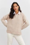 Boncuk İşlemeli Bisiklet Yaka Uzun Kollu Yumuşak Dokulu Örme Sweatshirt IZ6505