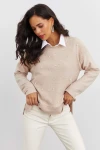 Boncuk İşlemeli Bisiklet Yaka Uzun Kollu Yumuşak Dokulu Örme Sweatshirt IZ6505