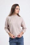 Yakası Boncuk İşlemeli Yarım Balıkçı Yaka Uzun Kollu Polar Sweatshirt