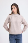 Yakası Boncuk İşlemeli Yarım Balıkçı Yaka Uzun Kollu Polar Sweatshirt