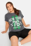 Büyük Beden Yazı Baskılı Yıkamalı Yarım Kollu Bisiklet Yaka T-shirt 302196