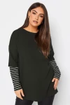 Büyük Beden Bisiklet Yaka Uzun Kollu Çift Katlı Kolları Çizgili T-shirt 302558