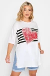 Büyük Beden Kalp Baskılı Yanı Yırtmaç Detaylı Yarım Kollu Bisiklet Yaka T-shirt 320964