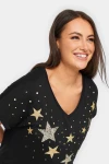 Büyük Beden V Yaka Yıldız Baskılı Kısa Kollu T-shirt 302279
