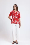 Çiçek Desenli Yarım Kollu Normal Kalıp Bisiklet Yaka Arkası Uzun Bluz