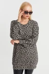 Leopar Desenli Yumuşak Dokulu Balon Kol Bisiklet Yaka Uzun Bluz IZ24BIG