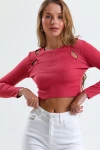Omuz Dekolte Detaylı Uzun Kollu Bisiklet Yaka Triko Crop Bluz UNIT-U-16
