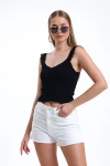 İnce Askılı Kolları Fırfırlı Omzu Dantelli Likralı Crop Bluz İZ26U