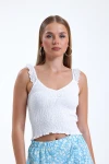 İnce Askılı Kolları Fırfırlı Omzu Dantelli Likralı Crop Bluz İZ26U