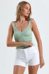İnce Askılı Kolları Fırfırlı Omzu Dantelli Likralı Crop Bluz İZ26U