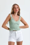 İnce Askılı Kolları Fırfırlı Omzu Dantelli Likralı Crop Bluz İZ26U