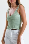 İnce Askılı Kolları Fırfırlı Omzu Dantelli Likralı Crop Bluz İZ26U