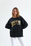 Oversize Yazı Baskılı Bisiklet Yaka Uzun Kollu Mevsimlik Asit Yıkamalı Sweatshirt 1008