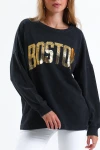 Oversize Yazı Baskılı Bisiklet Yaka Uzun Kollu Mevsimlik Asit Yıkamalı Sweatshirt 1008