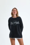 Oversize Yazı Baskılı Bisiklet Yaka Uzun Kollu Mevsimlik Asit Yıkamalı Sweatshirt 1009