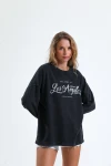 Oversize Yazı Baskılı Bisiklet Yaka Uzun Kollu Mevsimlik Asit Yıkamalı Sweatshirt 1009