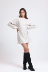 Bisiklet Yaka Uzun Kollu Boncuk İşlemeli Mini Boy Elbise IZ1013