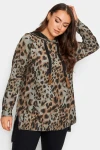 Büyük Beden Leopar Desenli Uzun Kollu Yırtmaç Detaylı Kapüşonlu Sweatshirt 302654