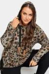 Büyük Beden Leopar Desenli Uzun Kollu Yırtmaç Detaylı Kapüşonlu Sweatshirt 302654