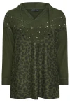 Büyük Beden V Yaka Kapüşonlu Taş Detaylı Leopar Desenli Sweatshirt 285009