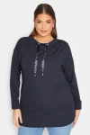 Büyük Beden Yıldız İşlemeli İpli Yaka Uzun Kesim Sweatshirt 301639