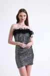 Zincirli Askı Detaylı Otriş Tüylü Payetli Mini Abiye Elbise SU-18