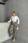 Haki Bej Büyük Beden Beli Lastikli Bol Paça Desenli Cepli Pantolon 303654