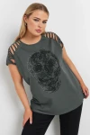 Büyük Beden Bisiklet Yaka Kesik Omuz Detaylı Taş Baskılı T-shirt 322123