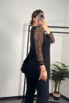 Büyük Beden Bisiklet Yaka Kolları Tül Detaylı Kemerli Bluz 300309