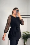 Büyük Beden Bisiklet Yaka Kolları Tül Detaylı Kemerli Bluz 300309