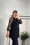 Büyük Beden Bisiklet Yaka Kolları Tül Detaylı Kemerli Bluz 300309