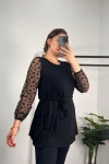 Büyük Beden Bisiklet Yaka Kolları Tül Detaylı Kemerli Bluz 300309
