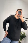Büyük Beden Kapüşonsuz Yakası Bağcıklı Uzun Kollu Sweatshirt 301520