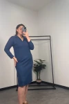 Büyük Beden Polo Yaka Yırtmaç Detaylı Midi Boy Triko Elbise 301514
