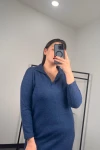 Büyük Beden Polo Yaka Yırtmaç Detaylı Midi Boy Triko Elbise 301514