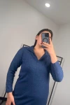 Büyük Beden Polo Yaka Yırtmaç Detaylı Midi Boy Triko Elbise 301514