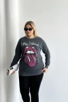 Büyük Beden Bisiklet Yaka Baskılı Pul Detaylı Yıkamalı Sweatshirt 301252