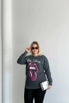Büyük Beden Bisiklet Yaka Baskılı Pul Detaylı Yıkamalı Sweatshirt 301252