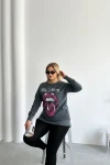 Büyük Beden Bisiklet Yaka Baskılı Pul Detaylı Yıkamalı Sweatshirt 301252