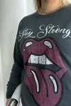 Büyük Beden Bisiklet Yaka Baskılı Pul Detaylı Yıkamalı Sweatshirt 301252