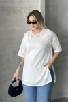Büyük Beden Bisiklet Yaka Kısa Kollu Yanları Yırtmaçlı Astarlı Bluz 303434