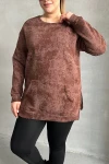 Büyük Beden Uzun Kollu Bisiklet Yaka Önü Cepli Desenli Sweatshirt 106-79