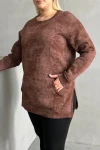 Büyük Beden Uzun Kollu Bisiklet Yaka Önü Cepli Desenli Sweatshirt 106-79