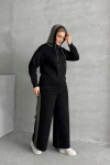 Büyük Beden Uzun Kollu Kapüşonu Desenli Beli Lastikli Sweatshirt 106-73
