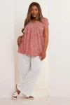 Büyük Beden V Yaka Çiçek Desenli Kısa Kollu T-shirt 322657